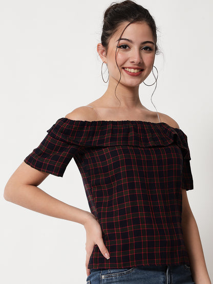 Checked Off-Shoulder Bardot Top