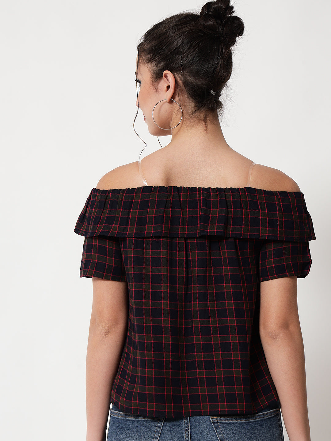 Checked Off-Shoulder Bardot Top