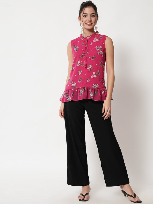 Women Pink & Off White Floral Print Crepe Peplum Top