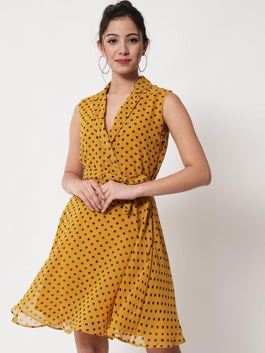 Tie-Up A-Line Polka Dot Yellow Dress