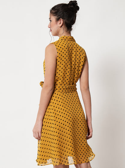 Tie-Up A-Line Polka Dot Yellow Dress