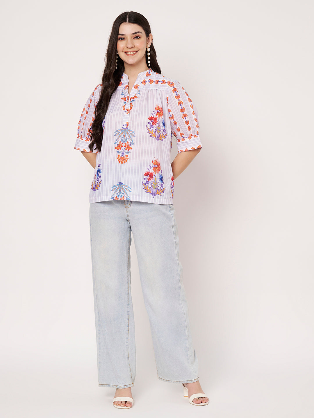 Women White Floral Printed Cotton Blend Top