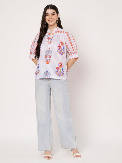 Women White Floral Printed Cotton Blend Top
