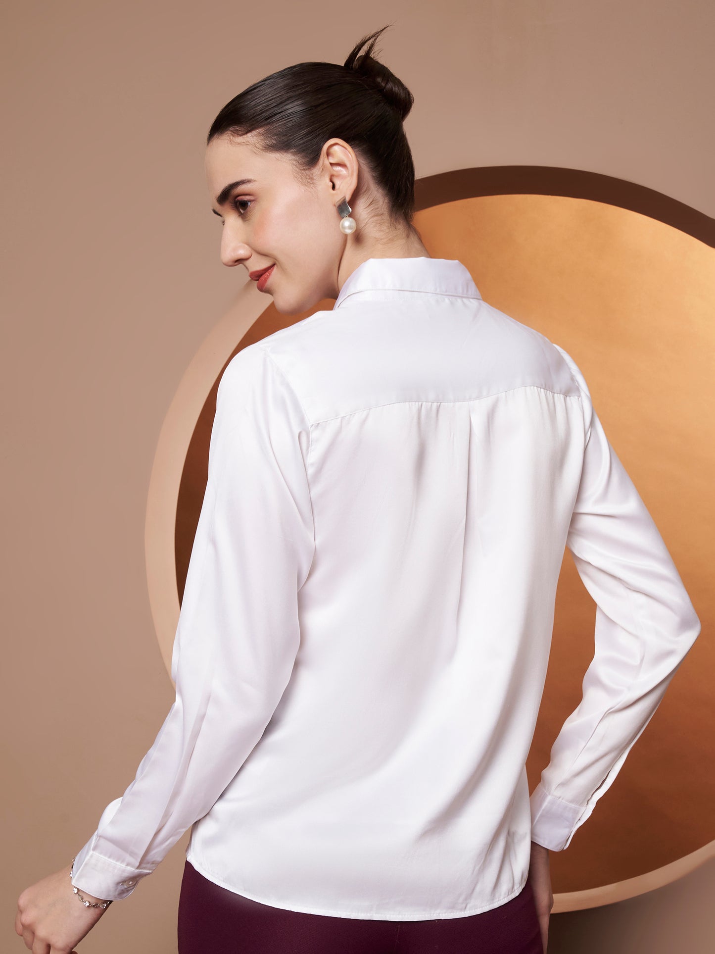 Women White Solid Slim Fit Satin Shirt