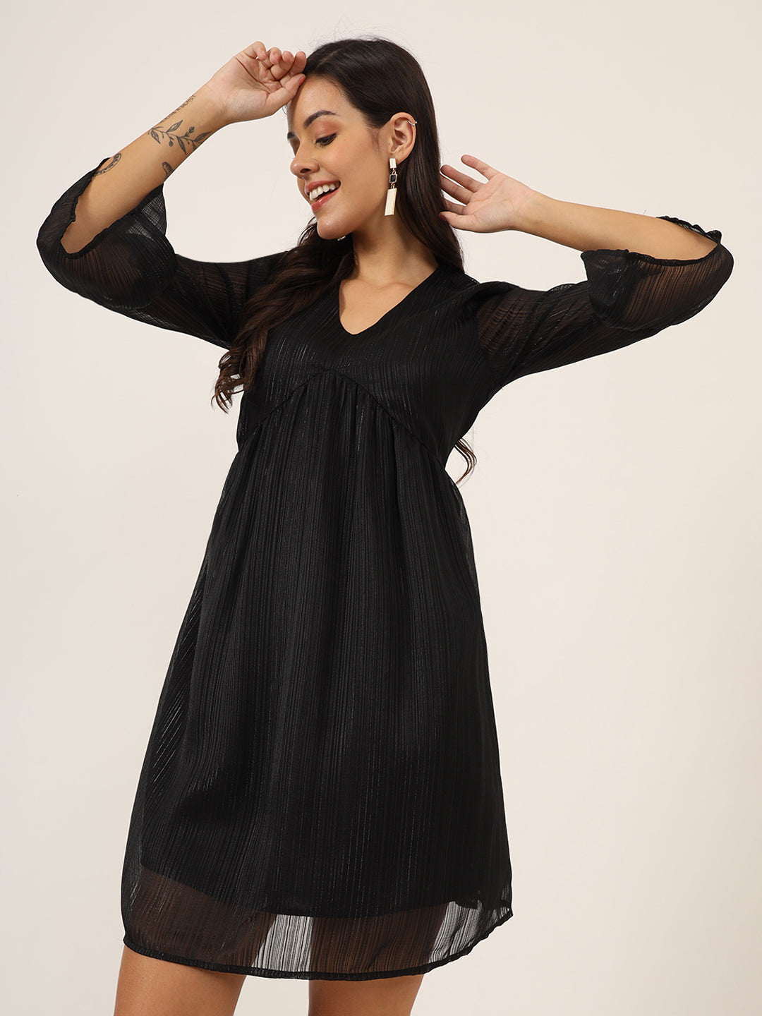 Black Semi Sheer A-Line Mini Dress