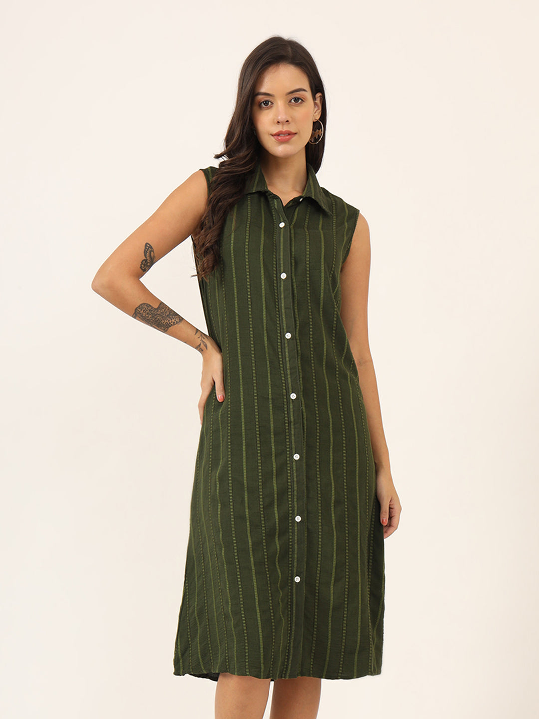 Women Shirt Collar A-Line Striped Dress