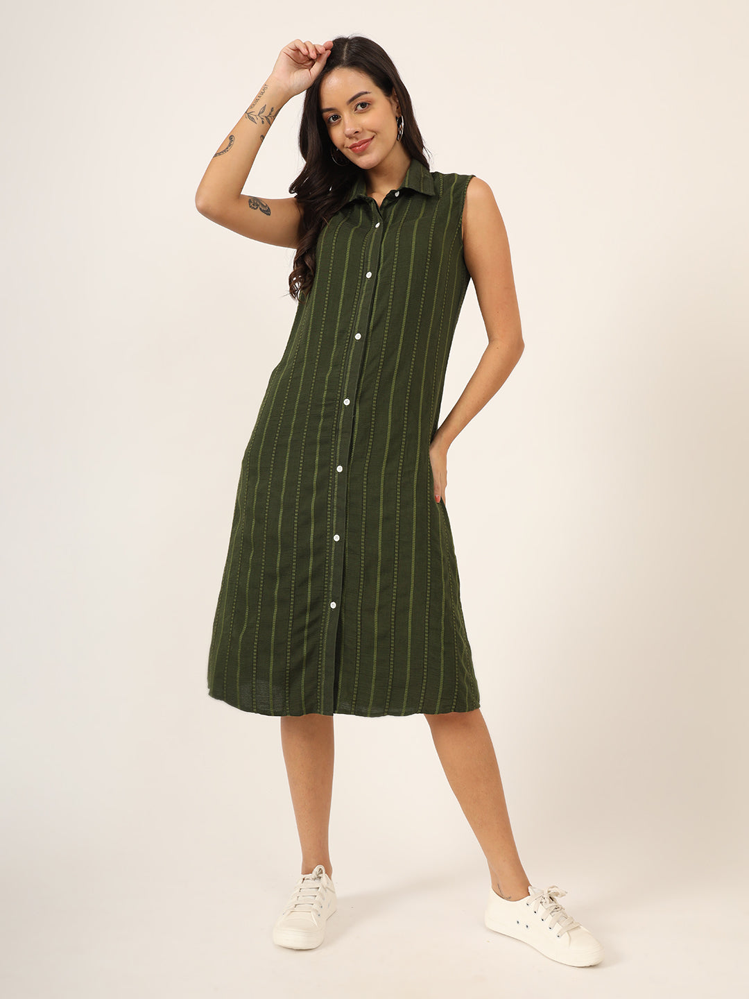 Women Shirt Collar A-Line Striped Dress