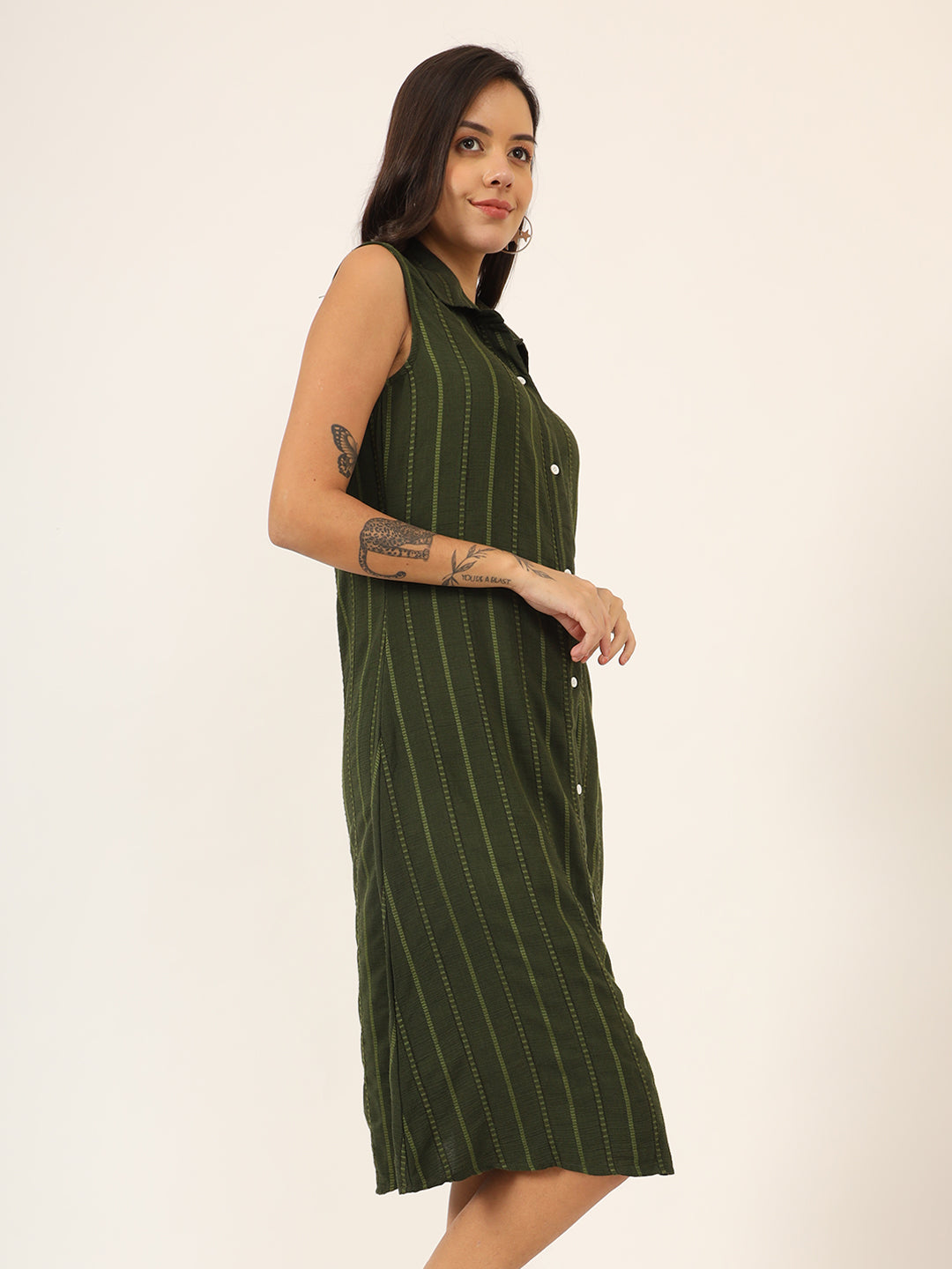 Women Shirt Collar A-Line Striped Dress