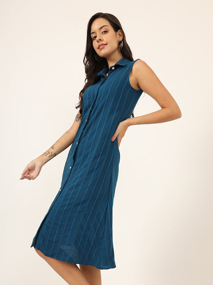 Striped Shirt Collar Sleeveless Shirt Dress