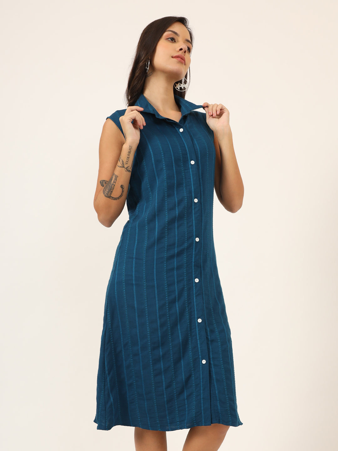 Striped Shirt Collar Sleeveless Shirt Dress