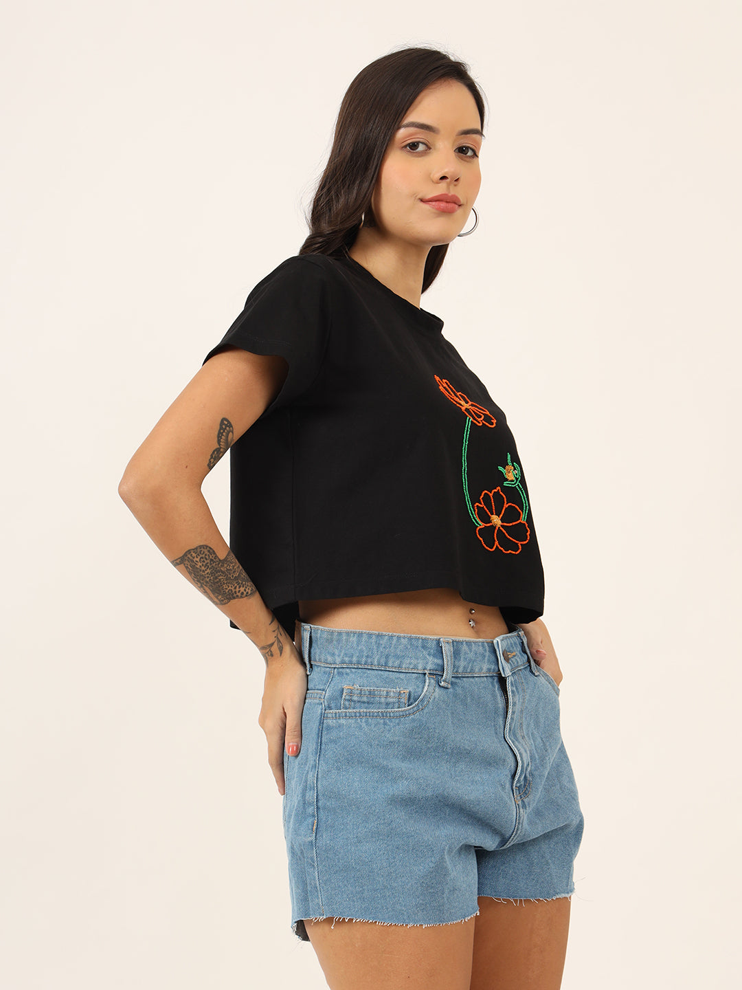 Women Beads Work Crop T-Shirt