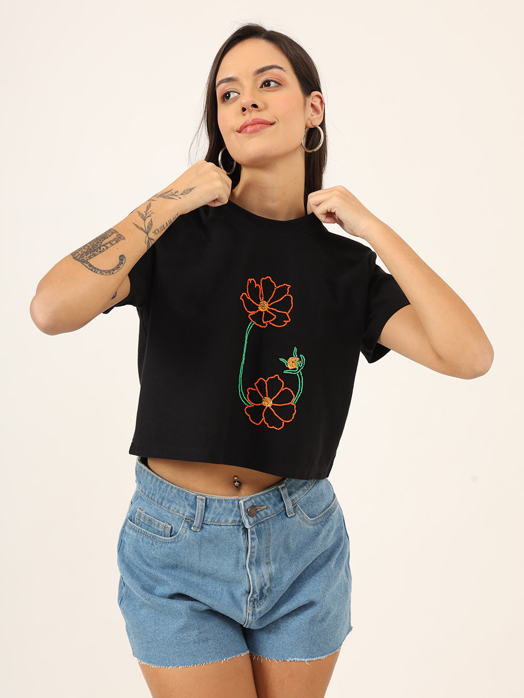 Women Beads Work Crop T-Shirt