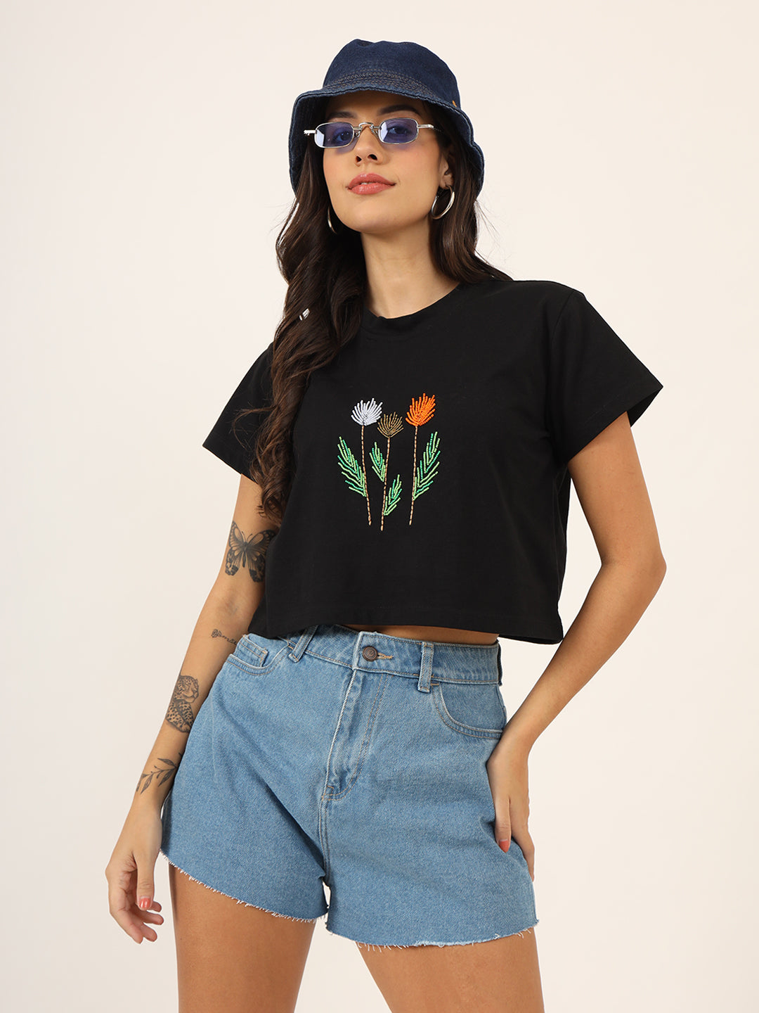 Women Beads Work Crop T-shirt