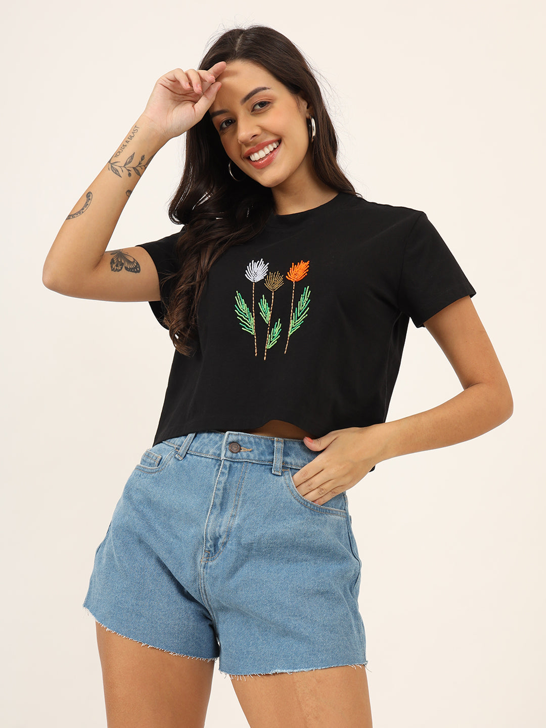 Women Beads Work Crop T-shirt