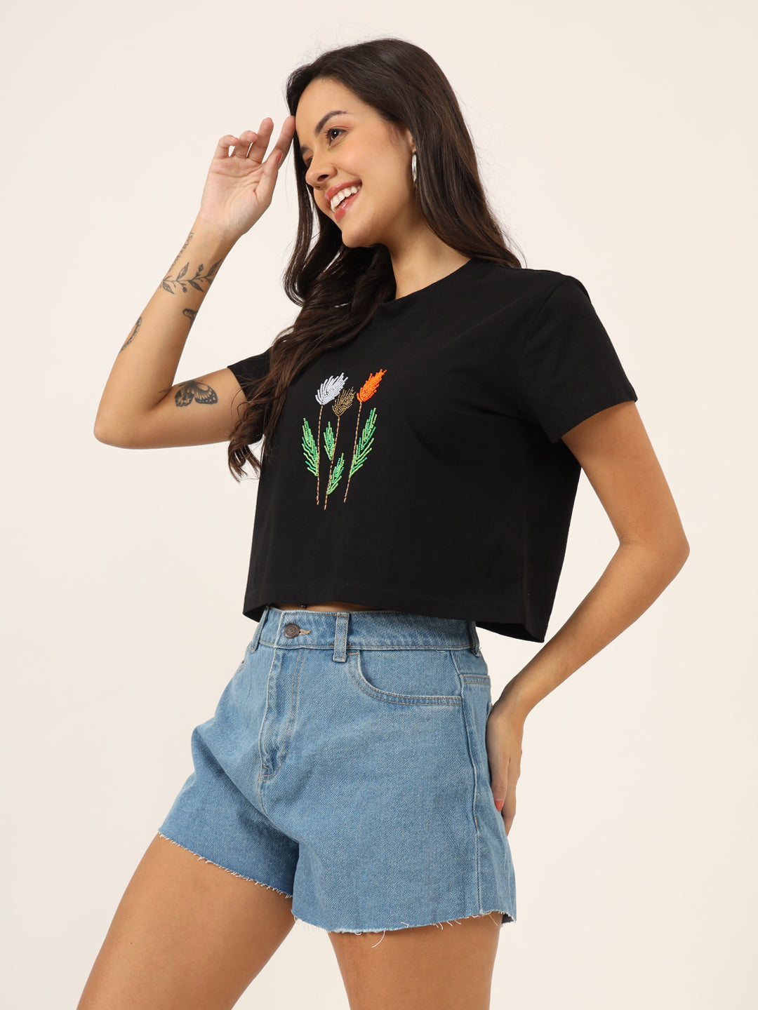 Women Beads Work Crop T-shirt