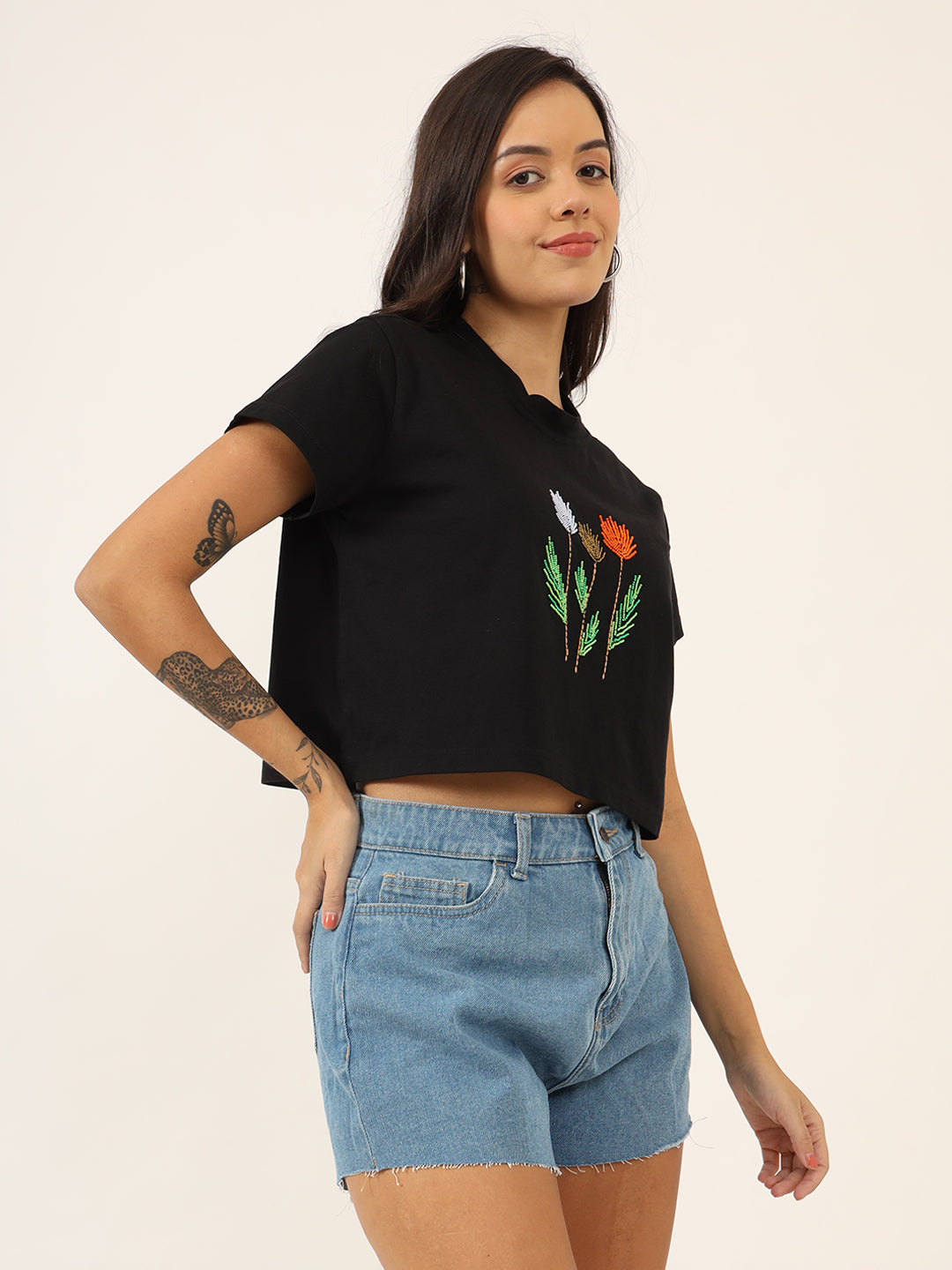 Women Beads Work Crop T-shirt