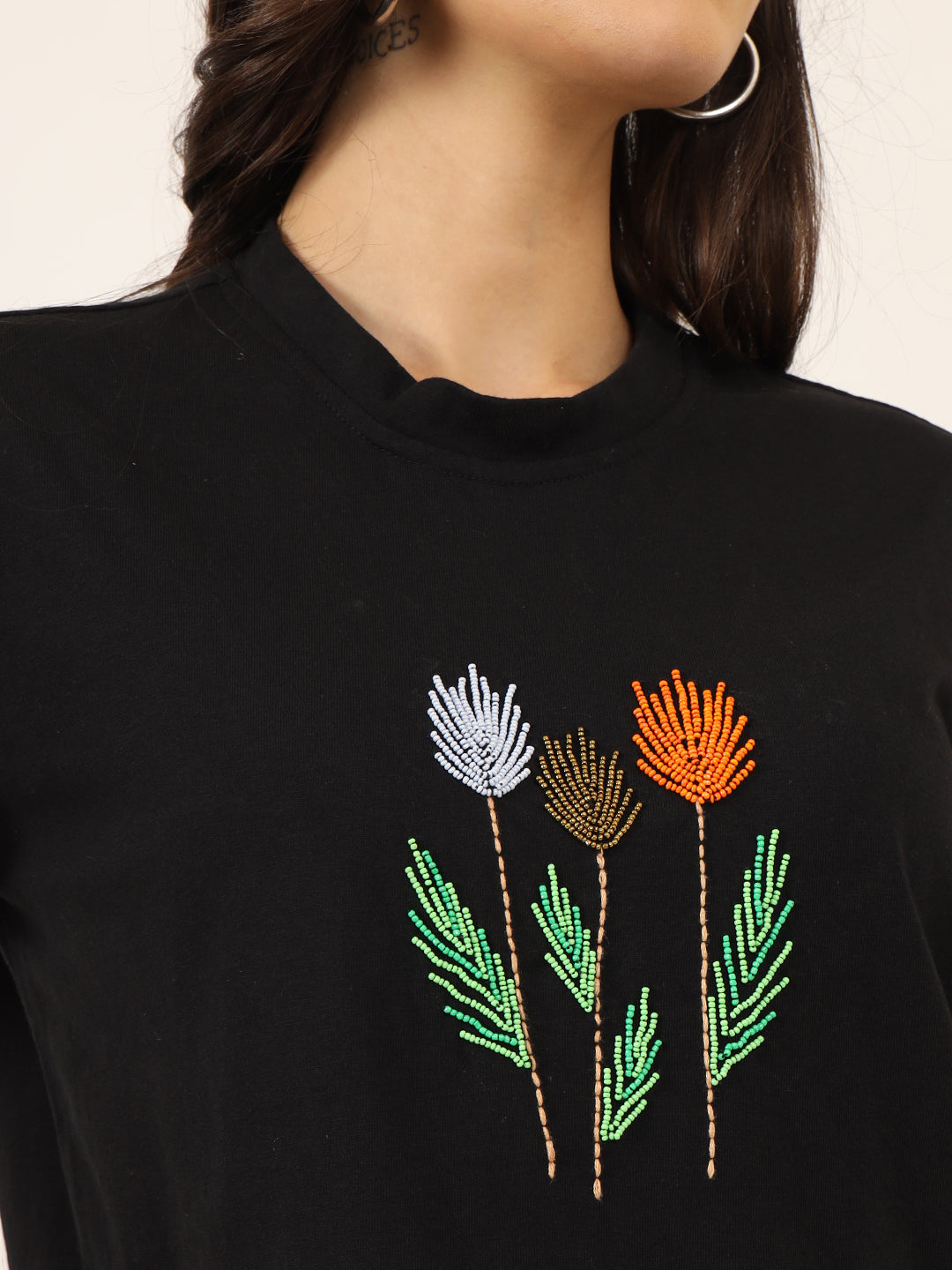 Women Beads Work Crop T-shirt