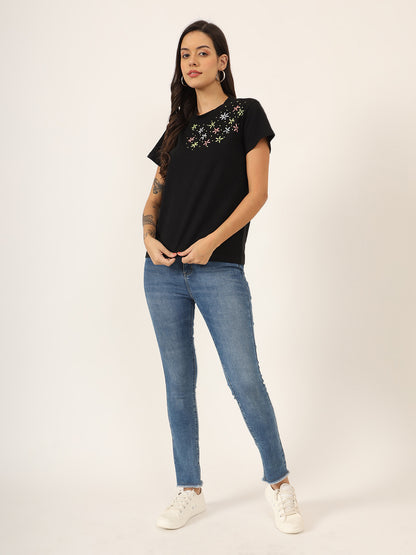 Floral Embroidery Black T-Shirt