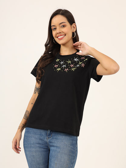 Floral Embroidery Black T-Shirt