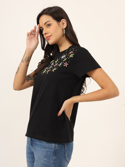 Floral Embroidery Black T-Shirt