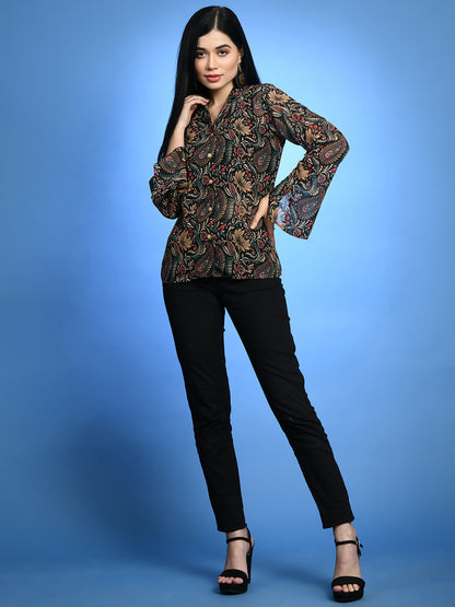 Women Classic Slim Fit Floral Printed Semi Sheer Shirt