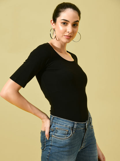 Women Scoop Neck Black Rib Top