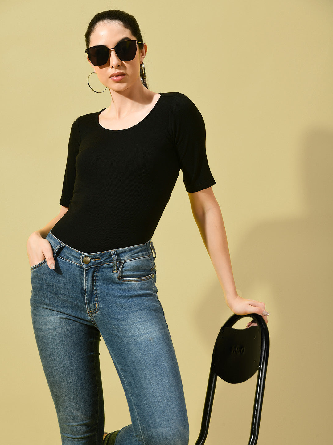 Women Scoop Neck Black Rib Top