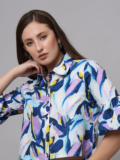 Abstract Printed Shirt Style Shirt Collar Crop Top