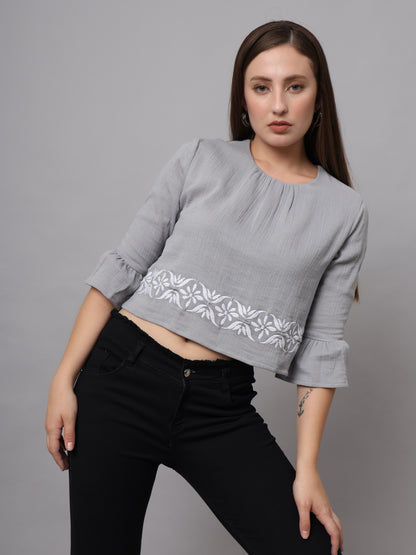 Cotton Grey Embroidered Crop Top