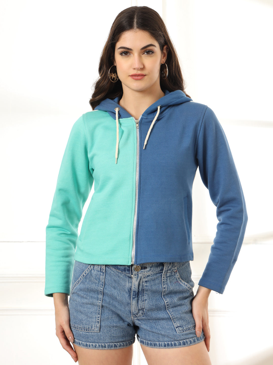 Colourblocked Hooded Cotton Front Open Sweatshirt