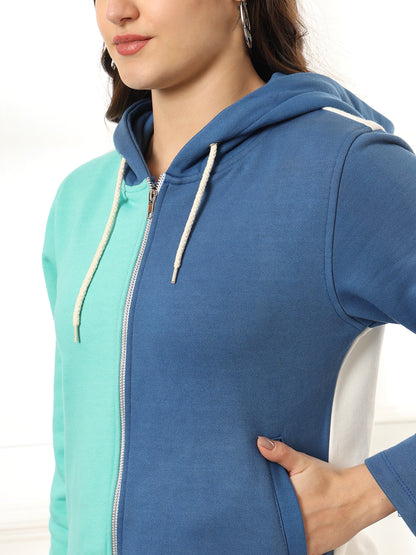 Colourblocked Hooded Cotton Front Open Sweatshirt