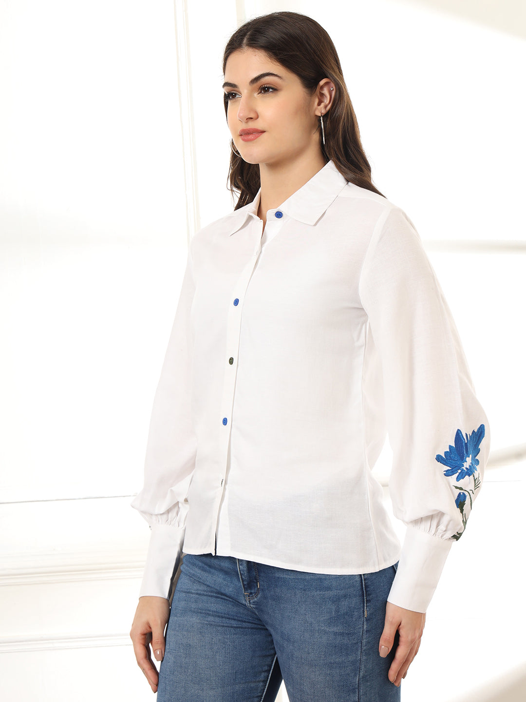 Classic Spread Collar Floral Printed Linen Casual Shirt