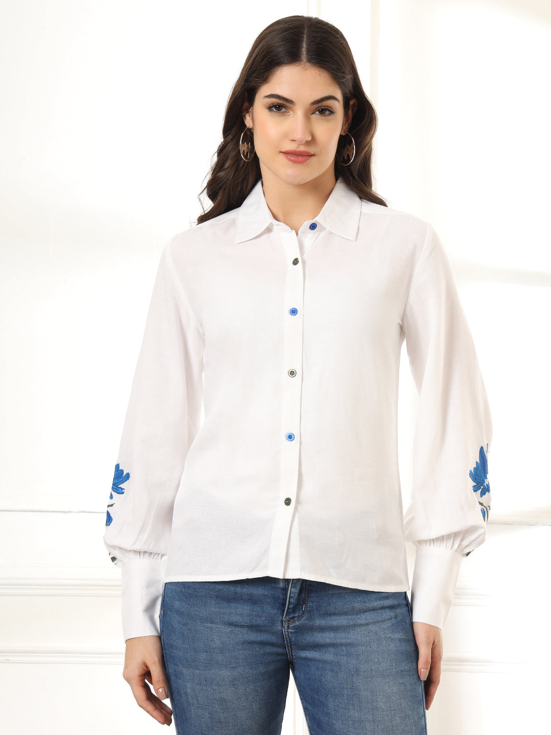 Classic Spread Collar Floral Printed Linen Casual Shirt
