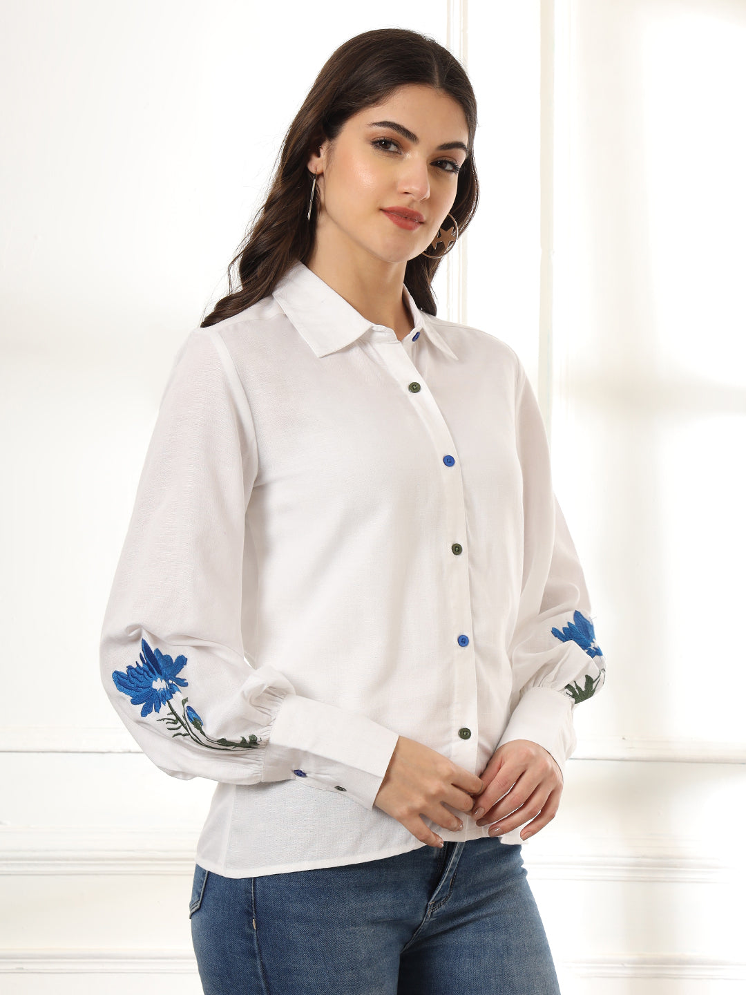 Classic Spread Collar Floral Printed Linen Casual Shirt