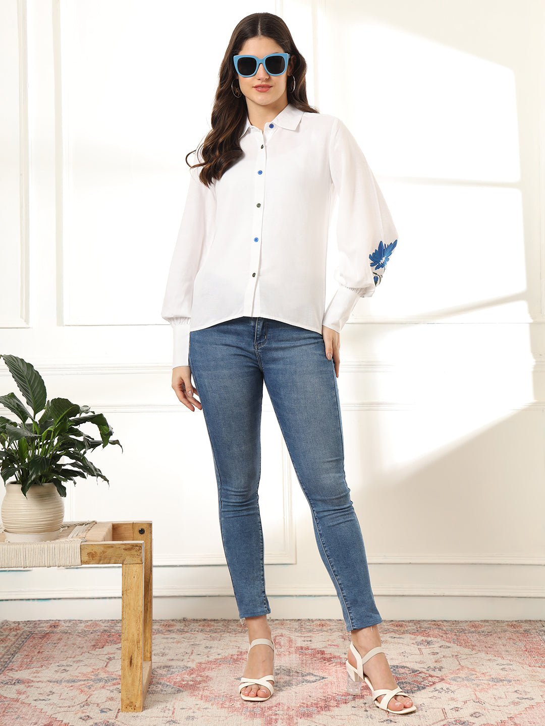 Classic Spread Collar Floral Printed Linen Casual Shirt