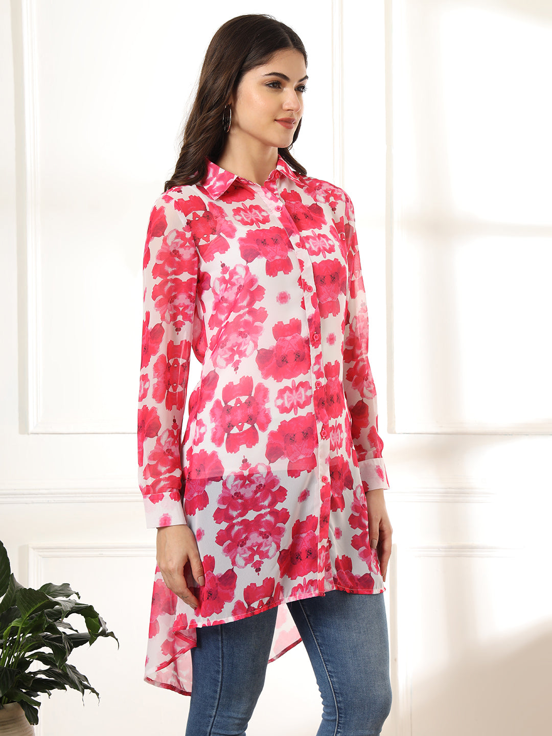 Women Classic Floral Semi Sheer Printed Casual Shirt