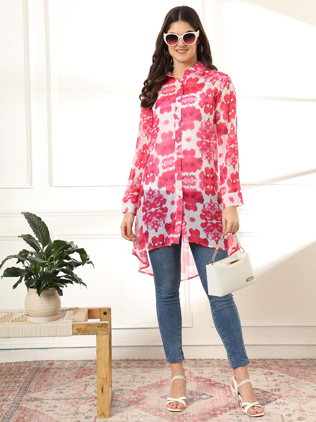 Women Classic Floral Semi Sheer Printed Casual Shirt