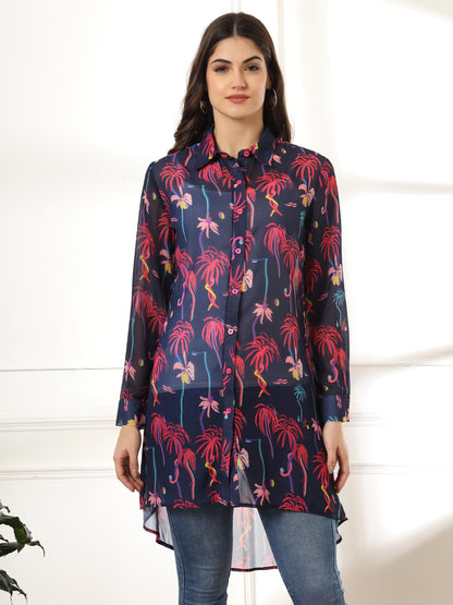 Women Classic Semi Sheer Printed Casual Shirt