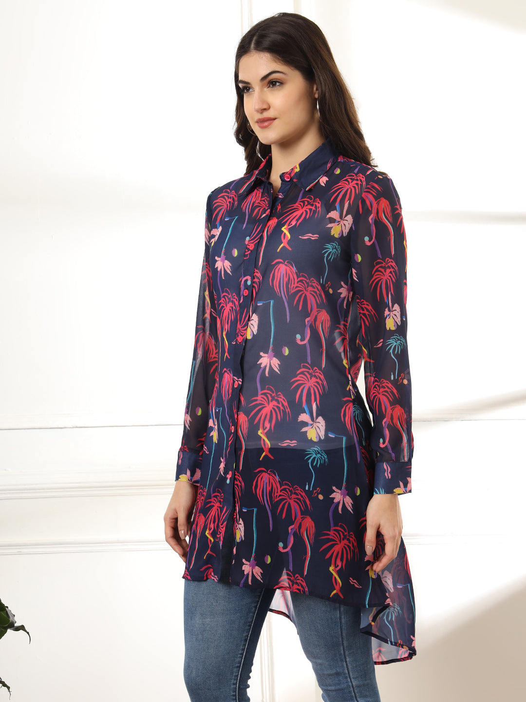 Women Classic Semi Sheer Printed Casual Shirt