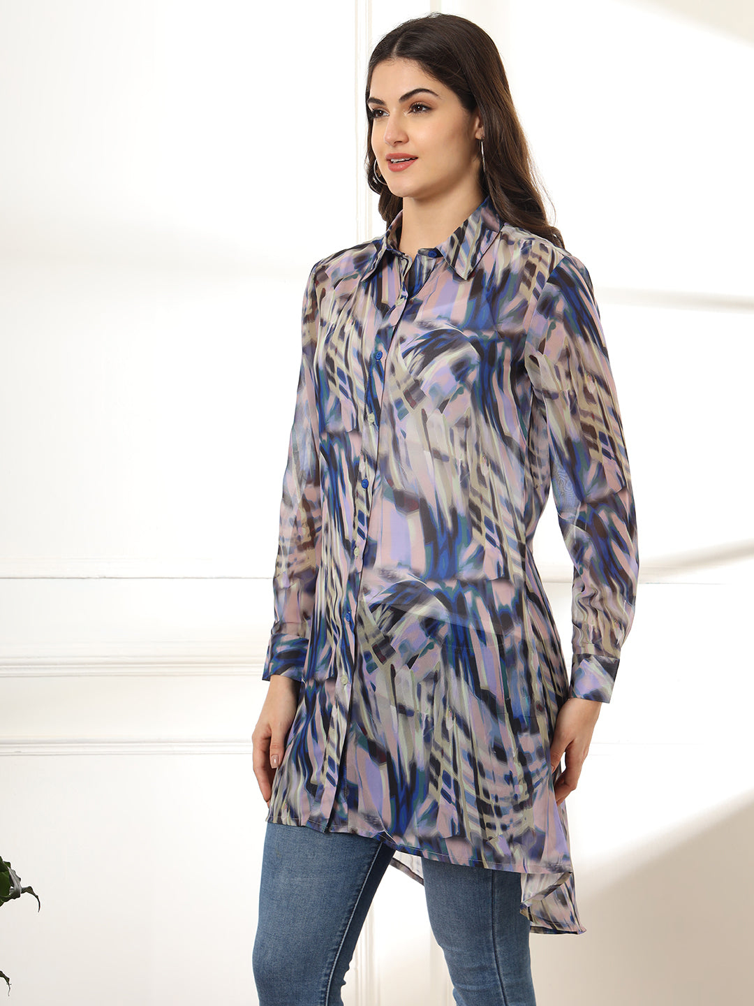 Women Classic Semi Sheer Printed Casual Shirt