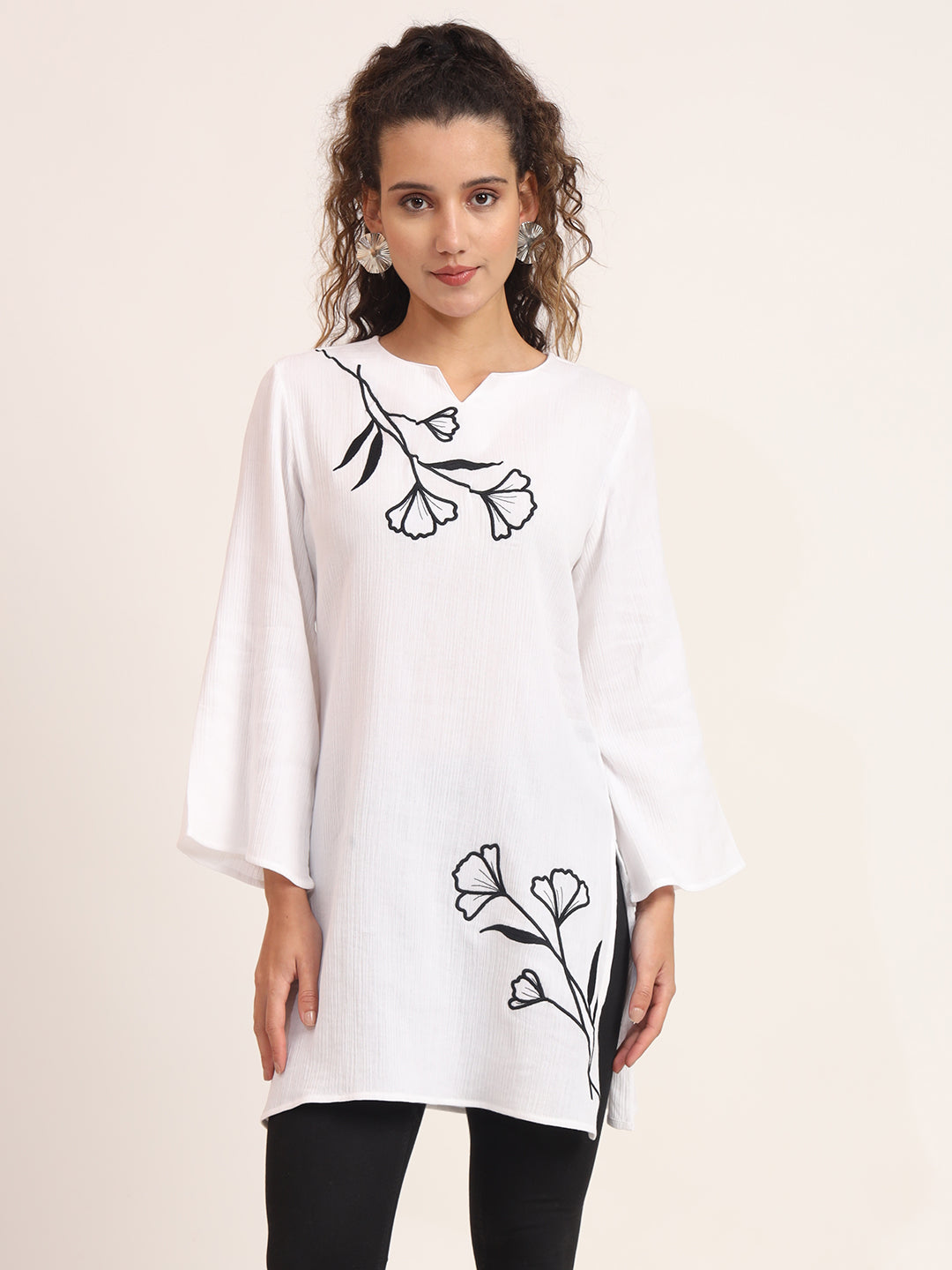 Women Floral Embroidered Pure Cotton A-Line Thread Work Kurti