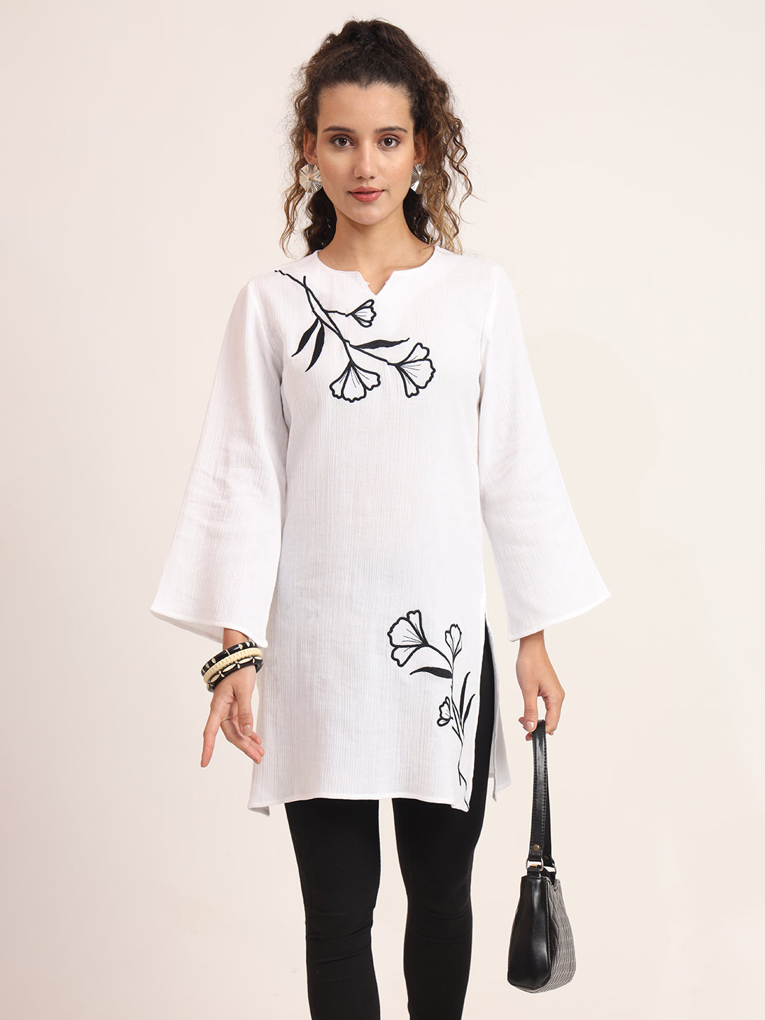 Women Floral Embroidered Pure Cotton A-Line Thread Work Kurti