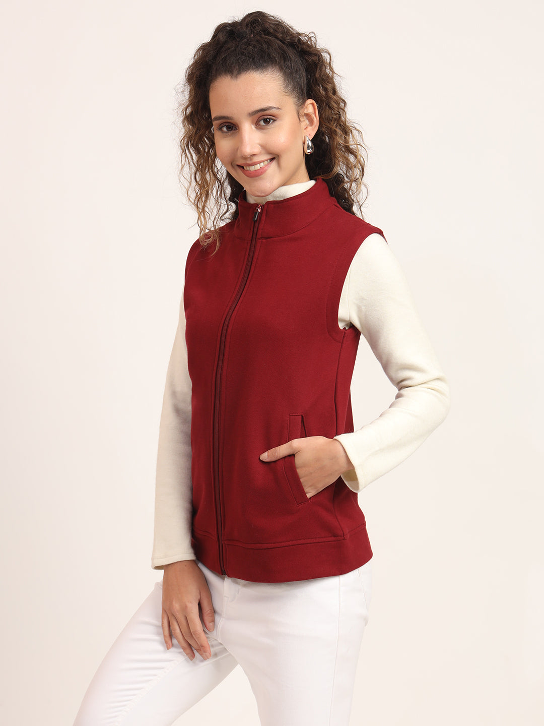 Women Mock Collar Solid Cotton Casual Bomber Jacket