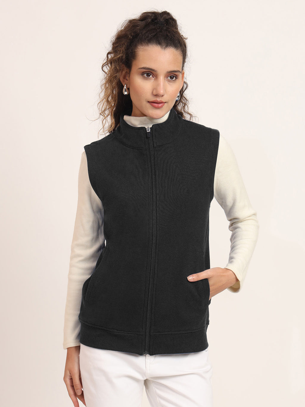 Women's Casual Solid Cotton Bomber Jacket with Mock Collar
