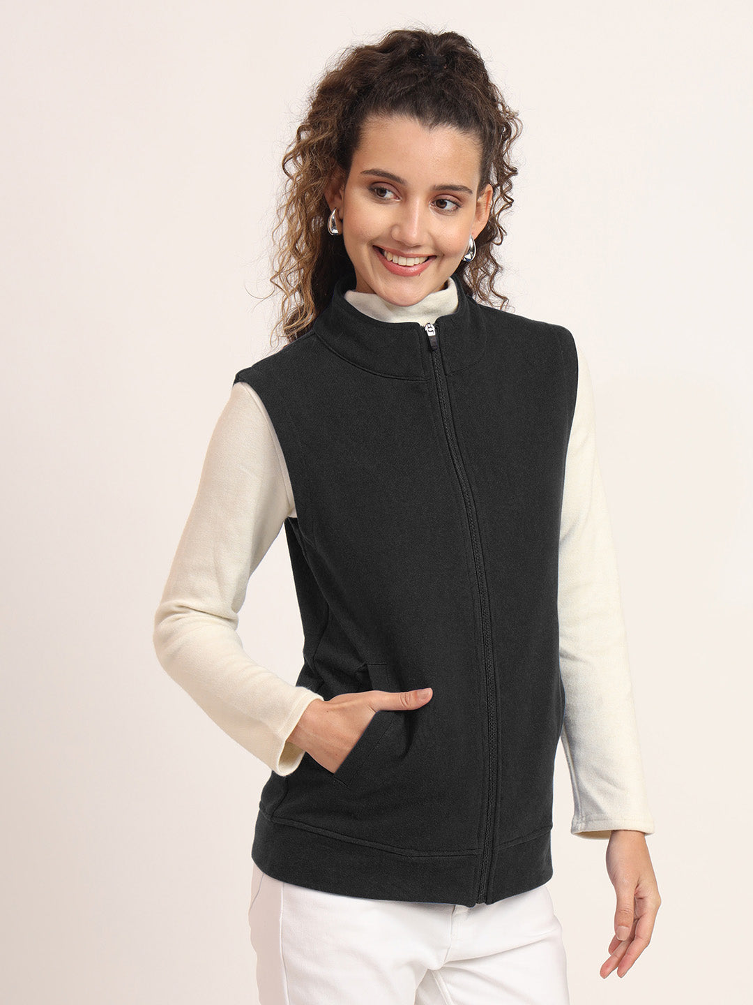 Women's Casual Solid Cotton Bomber Jacket with Mock Collar