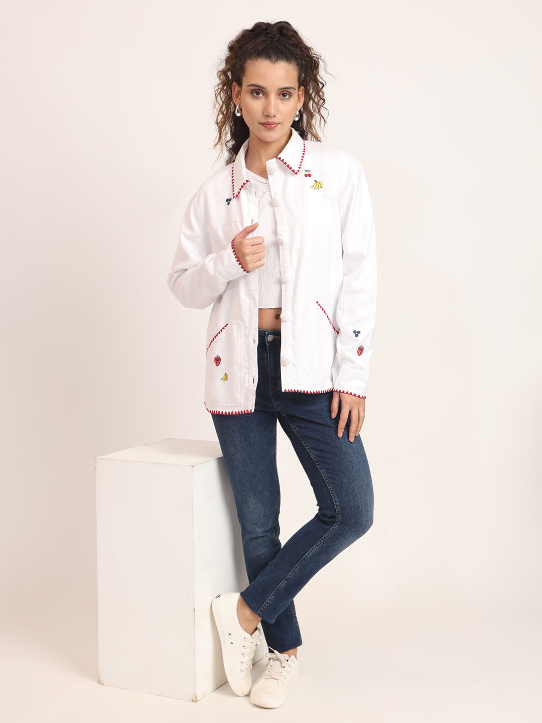 Women Spread Collar Embroidered Cotton Casual Tailored Jacket