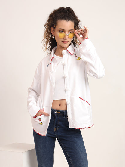 Women Spread Collar Embroidered Cotton Casual Tailored Jacket