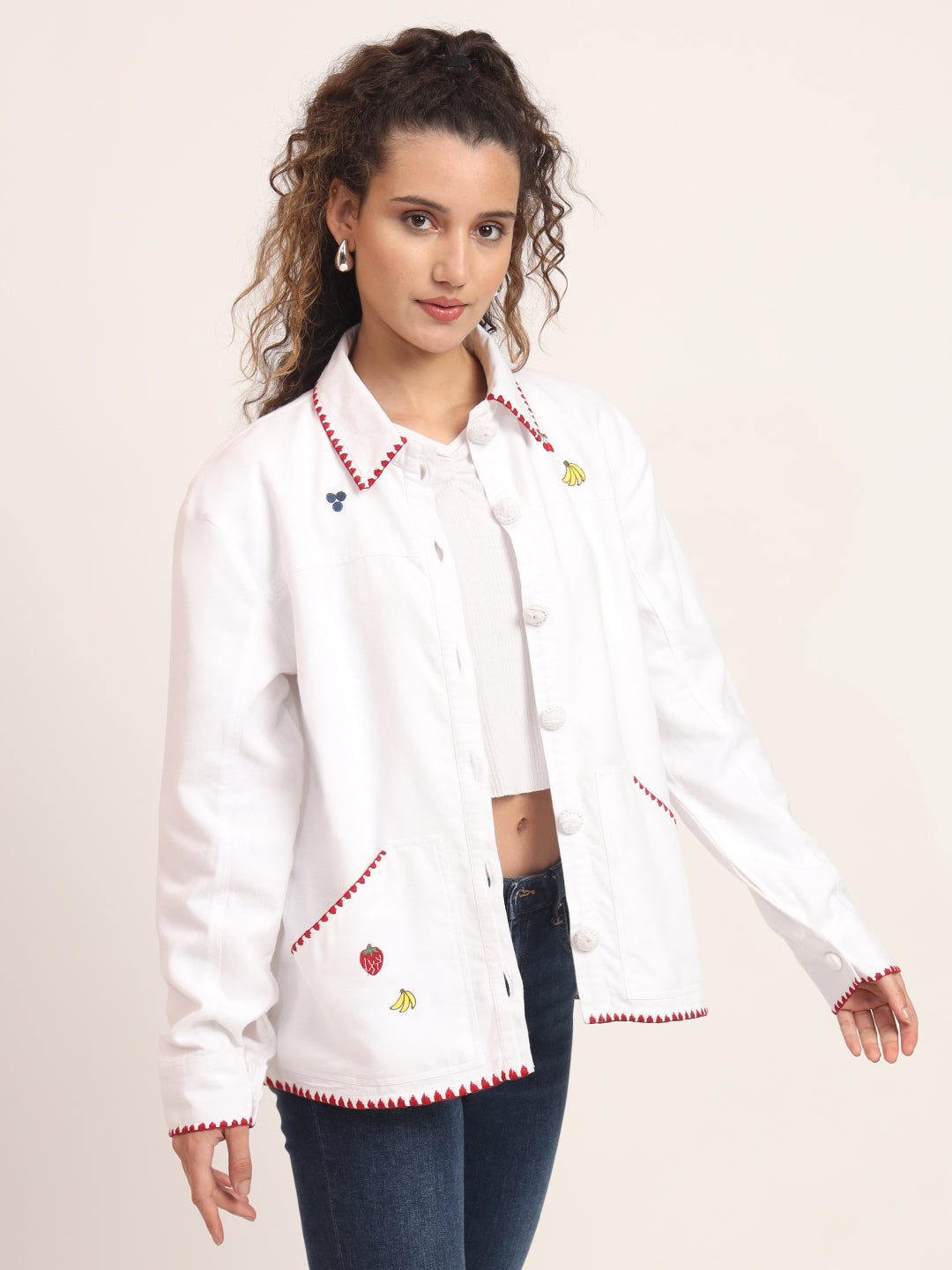 Women Spread Collar Embroidered Cotton Casual Tailored Jacket