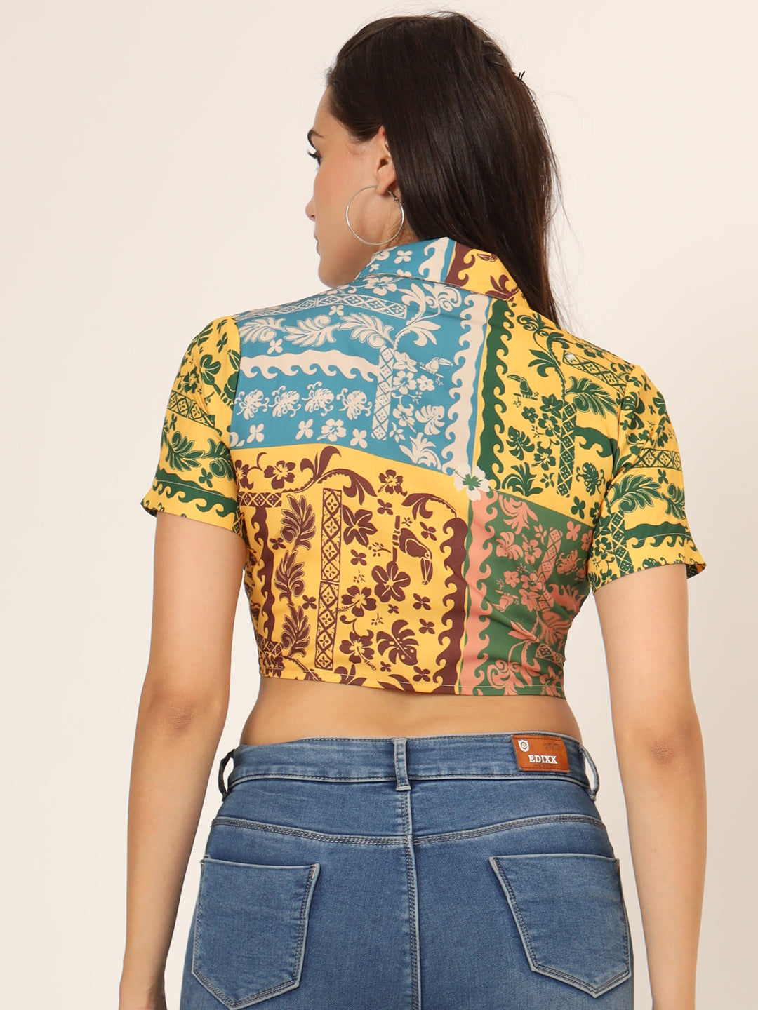 Graphic Printed Shirt Style Crop Top