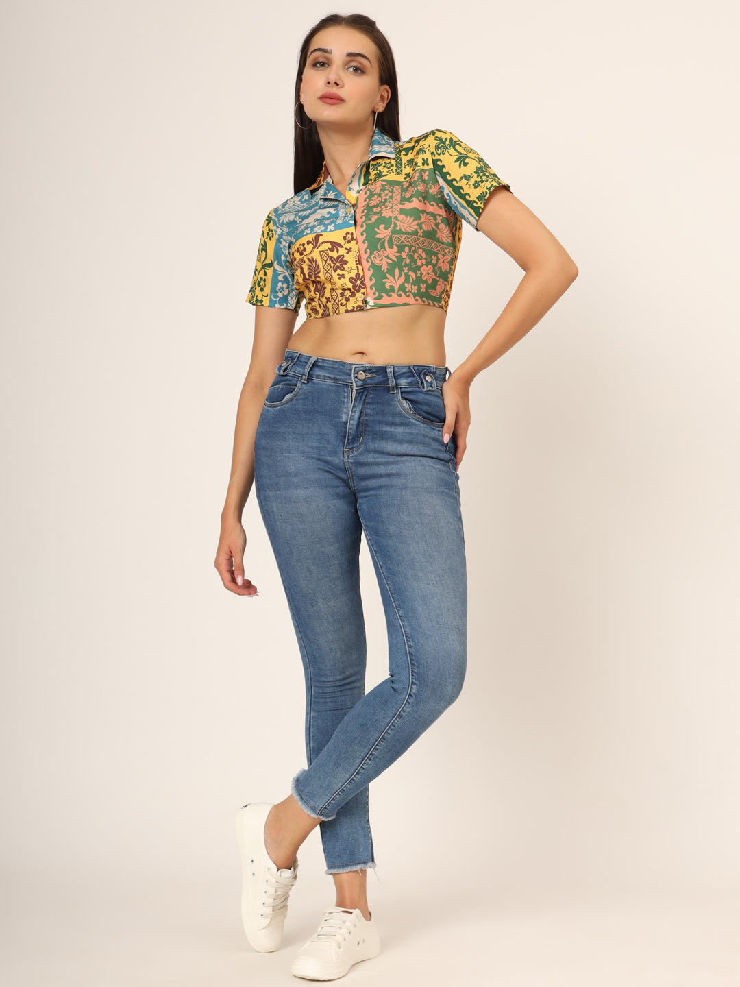 Graphic Printed Shirt Style Crop Top